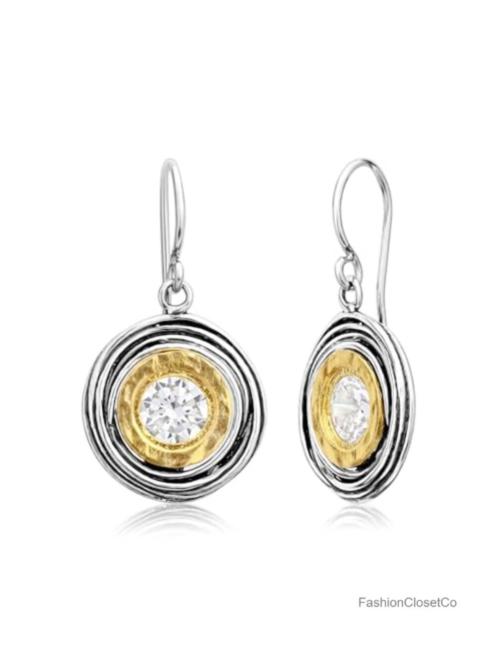 Two Tone 925 Sterling Silver 14K Gold Over Silver CZ Dangle Earrings
